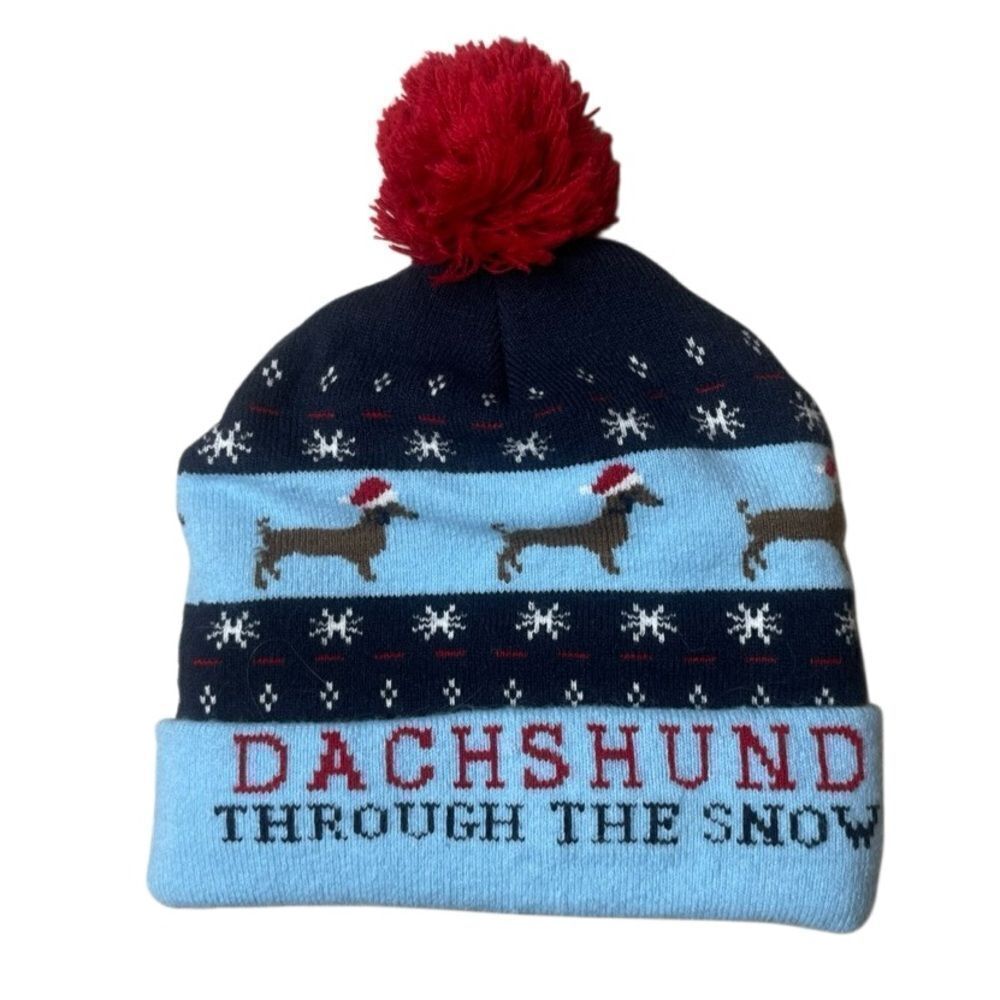 Dachshund Winter Beanie Hat - Red and Blue One Size